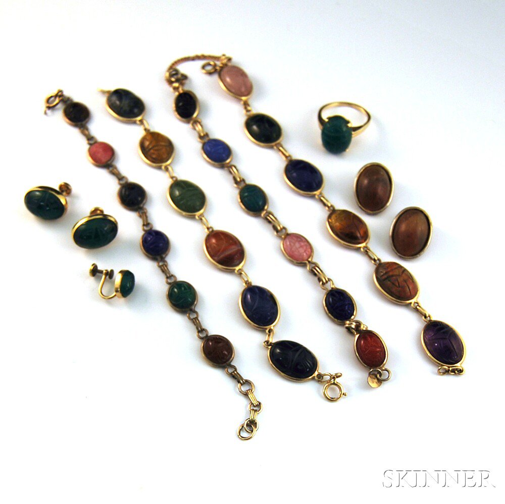 Appraisal: Group of Hardstone Scarab Jewelry including a kt gold and