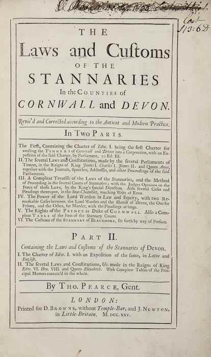 Appraisal: Pearce Thomas The Laws and Customs of the Stannaries in