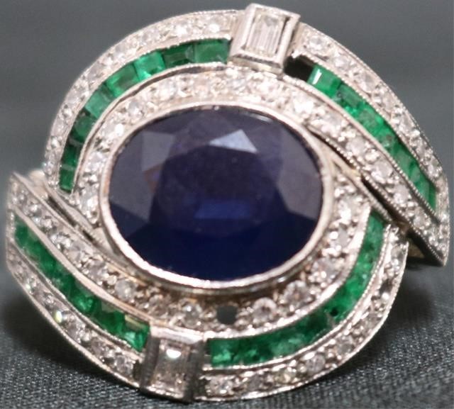 Appraisal: ART DECO PLATINUM RING WITH DIAMOND SAPPHIRE ANDEMERALDS CHANNEL CUT