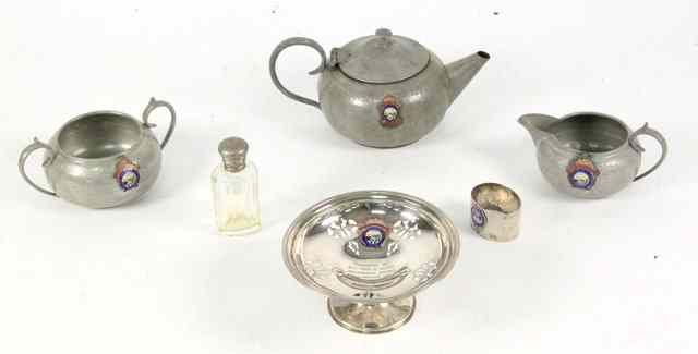 Appraisal: A pewter tea set of Masonic interest comprising teapot sugar