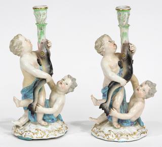 Appraisal: Lot of Meissen figural polychrome decorated porcelain candlesticks Lot of