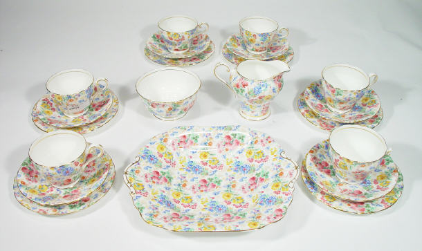 Appraisal: Aynsley bone china six place teaset transfer printed with chintz