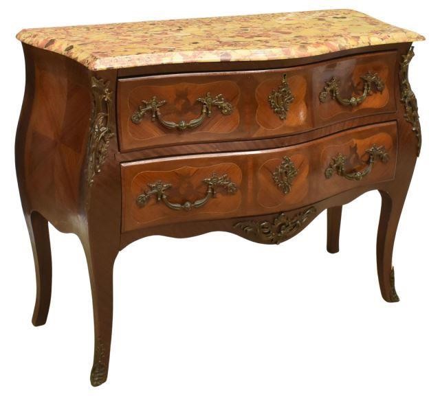 Appraisal: French Louis XV style marble-top mahogany secretary commode early th