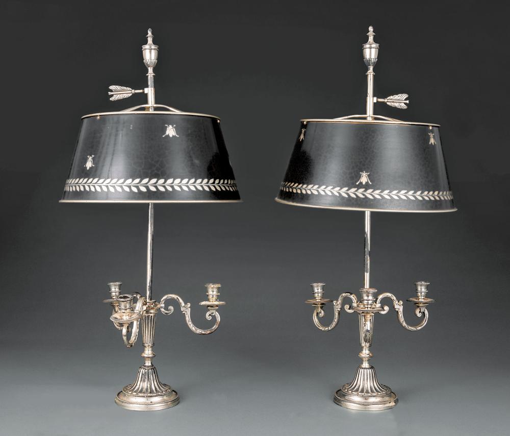 Appraisal: Pair of Decorative Silverplate Three-Light Bouillotte Lamps th c adjustable