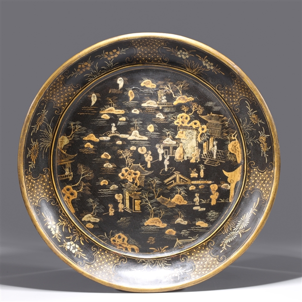 Appraisal: Chinese gilt lacquer wooden charger with figures and landscapes to