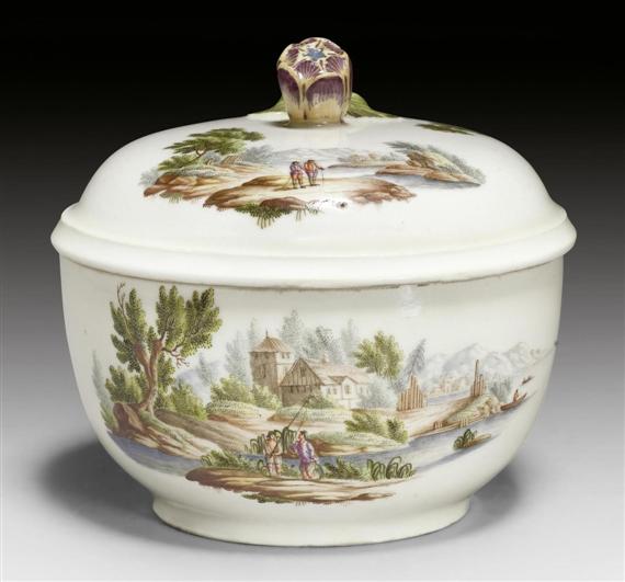 Appraisal: SUGAR BOWL AND LID WITH LANDSCAPE PAINTING ZURICH CIRCA Underglaze