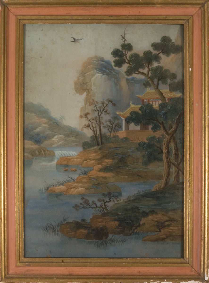 Appraisal: CHINA TRADE REVERSE PAINTING ON GLASS DEPICTING A RIVER LANDSCAPE