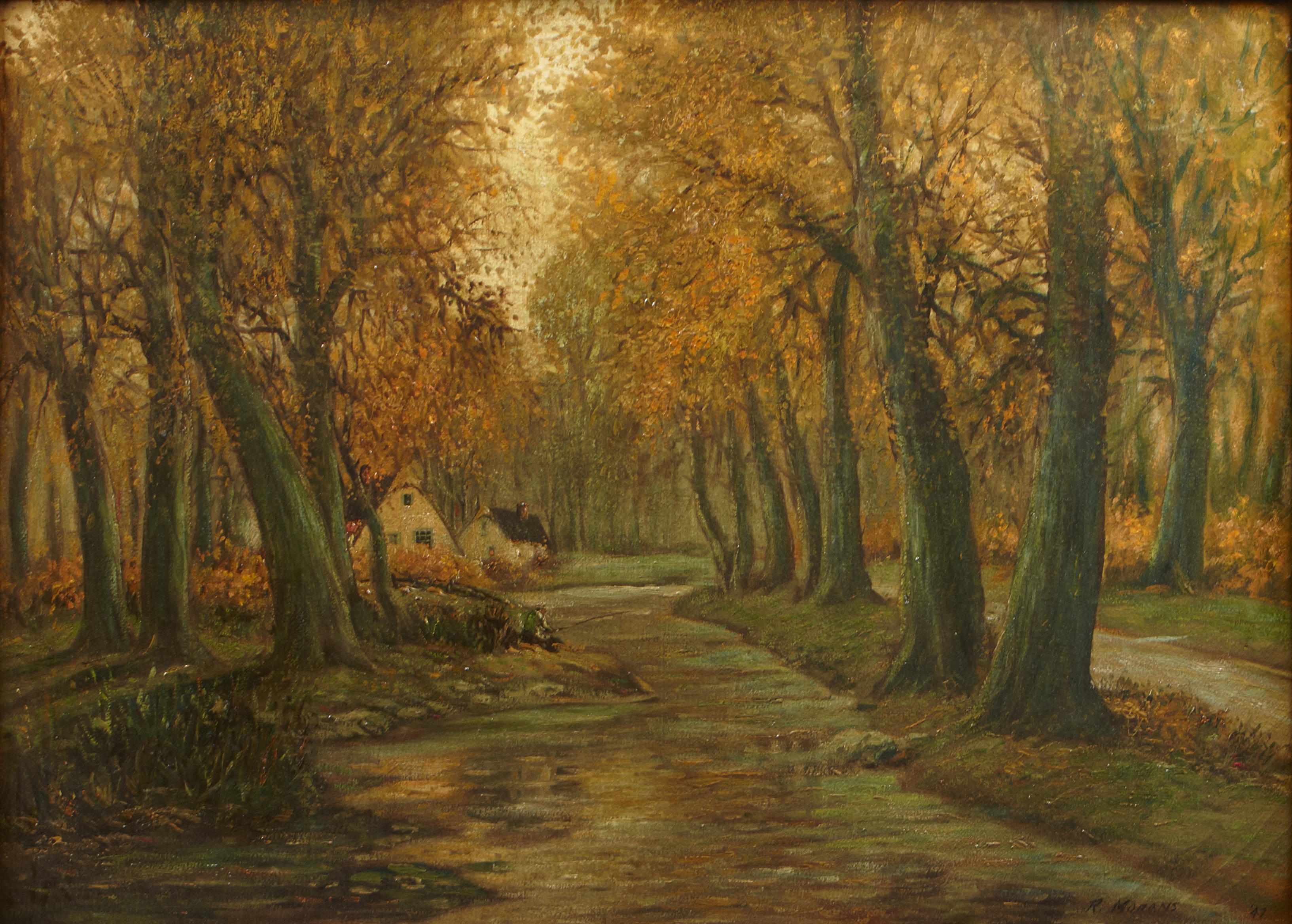 Appraisal: R Morans An autumn landscape with cottages along a river