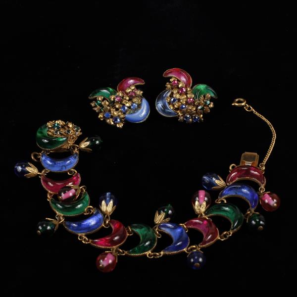 Appraisal: Miriam Haskell pc French Poured Glass Bracelet Clip Earrings