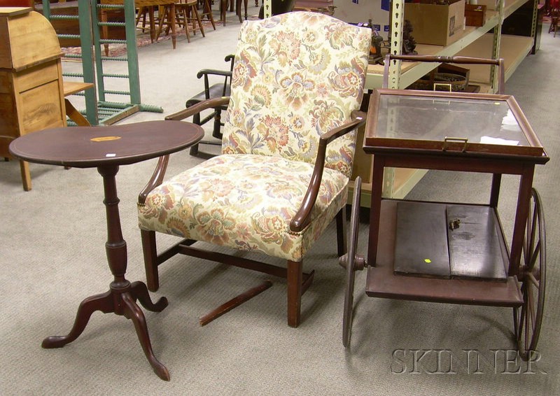 Appraisal: Mahogany Beverage Cart with Tray an Upholstered Mahogany Easy Chair