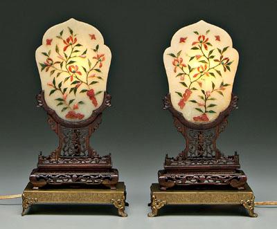 Appraisal: Pair Chinese table screens fan-shaped green soft stone with applied