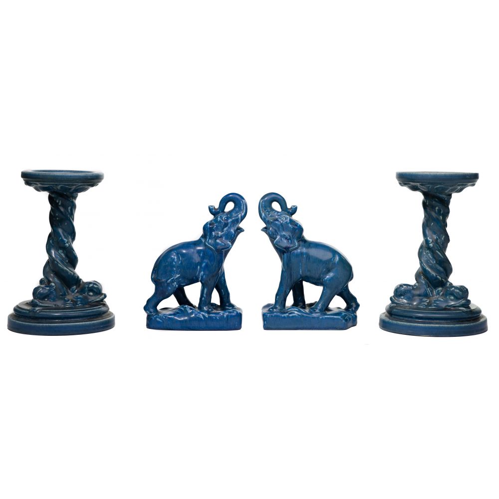 Appraisal: ROOKWOOD CANDLESTICKS AND ELEPHANT FIGURINES production ware items having multi-tone