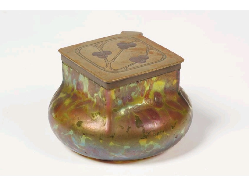 Appraisal: A LOETZ STYLE ART NOUVEAU INKWELL the square brass lid