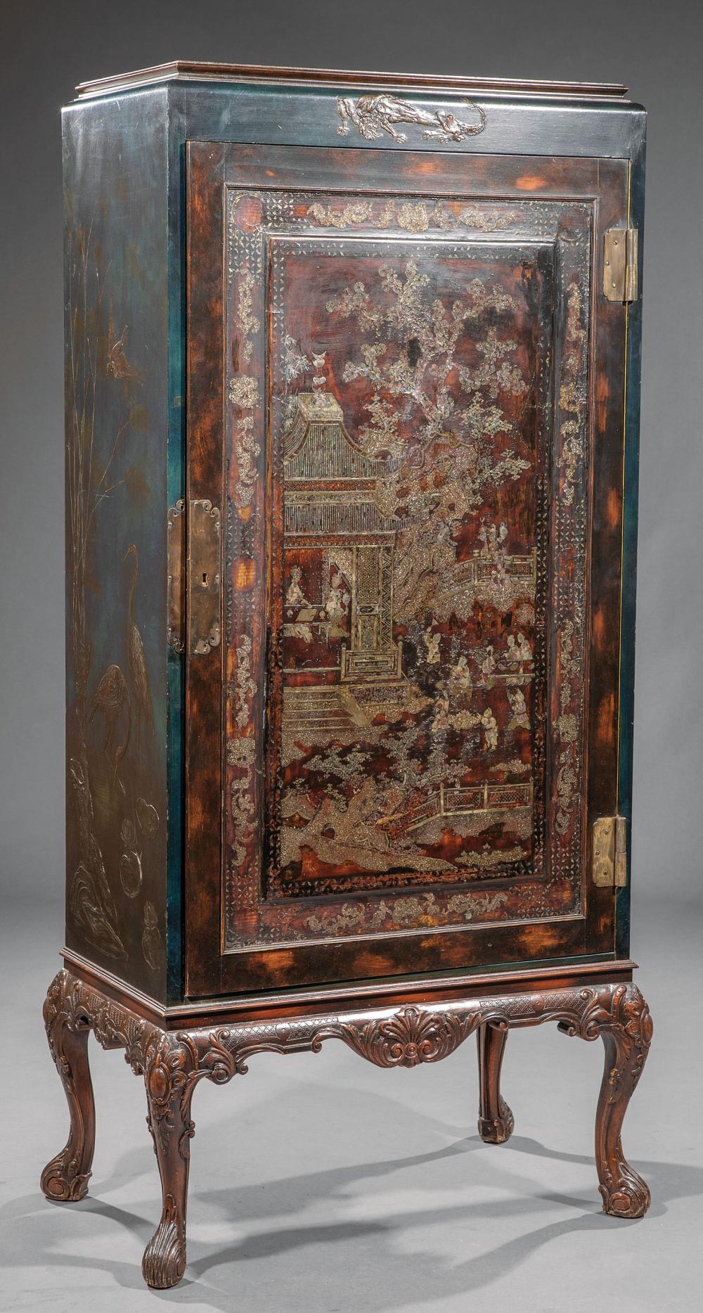 Appraisal: Chinoiserie Mother-of-Pearl Inlaid Lacquer Cabinet early th c stepped cornice