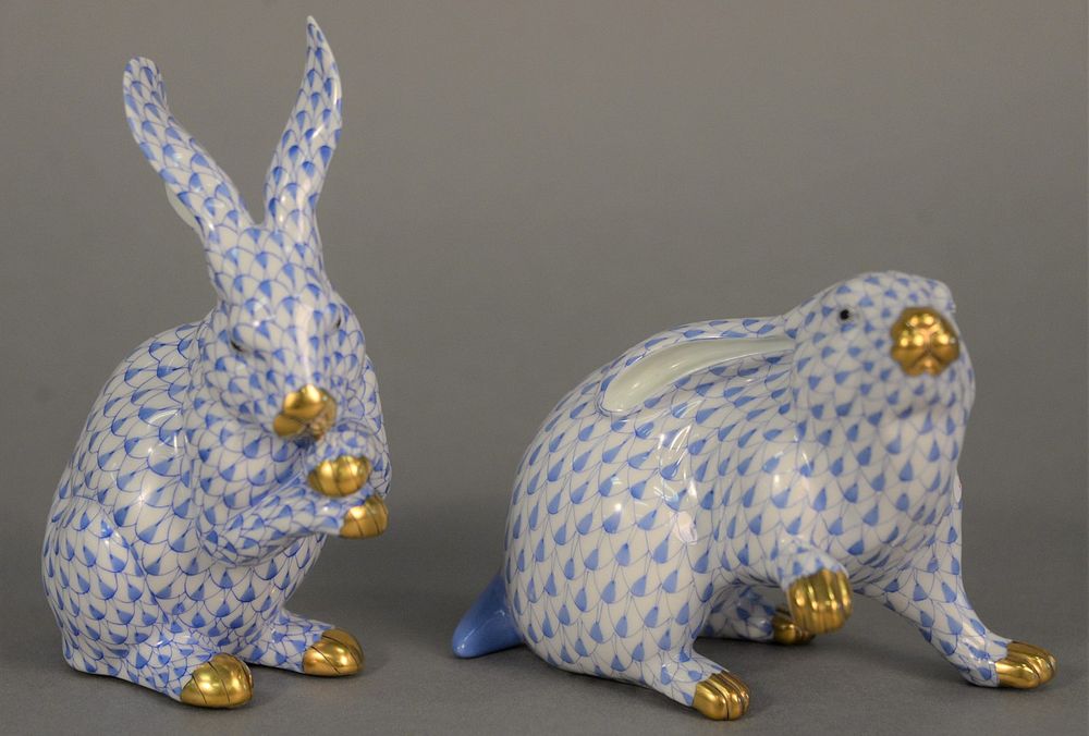 Appraisal: Two Herend porcelain rabbits blue fishnet pattern ht and Two