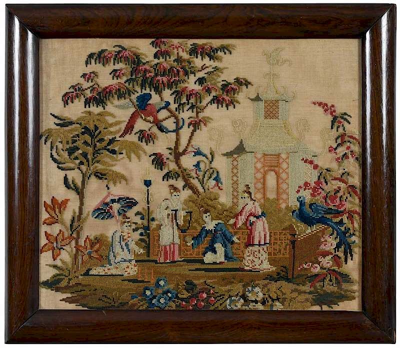 Appraisal: Framed British Needlework th century wool needlepoint chinoiserie scene -