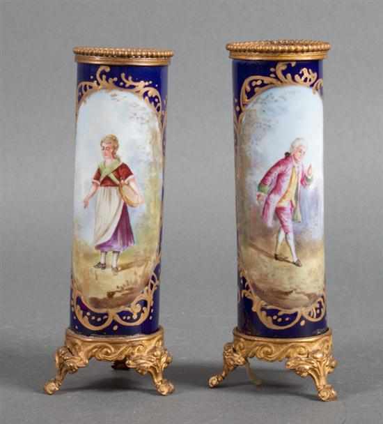 Appraisal: Pair of gilt-metal-mounted bleu du roi painted porcelain bud vases