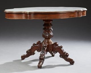 Appraisal: French Tortoise Marble Top Carved Mahogany Center Table th c