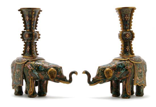 Appraisal: Pair of Chinese Cloisonne Elephant Vases the elephants each supporting