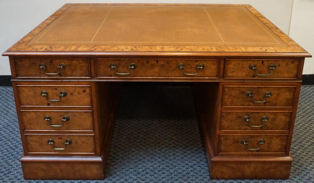 Appraisal: Victorian Style Burlwood and Brown Leather Inset Top Double Pedestal