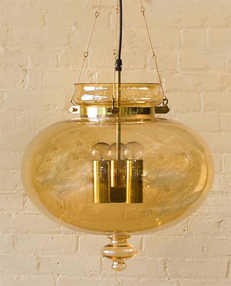 Appraisal: ITALIAN BRASS-MOUNTED IRIDESCENT THREE-LIGHT GLASS LANTERN The glass lantern x