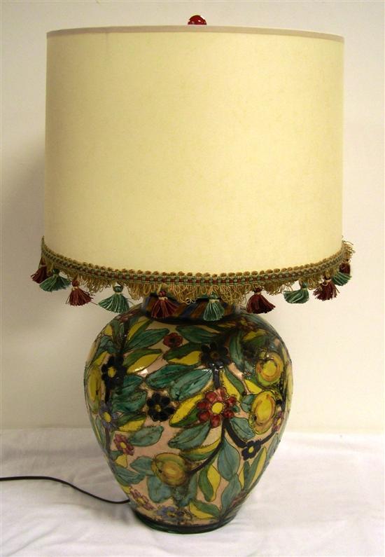 Appraisal: Floral and fruit pottery lamp incised decoration red glass ball