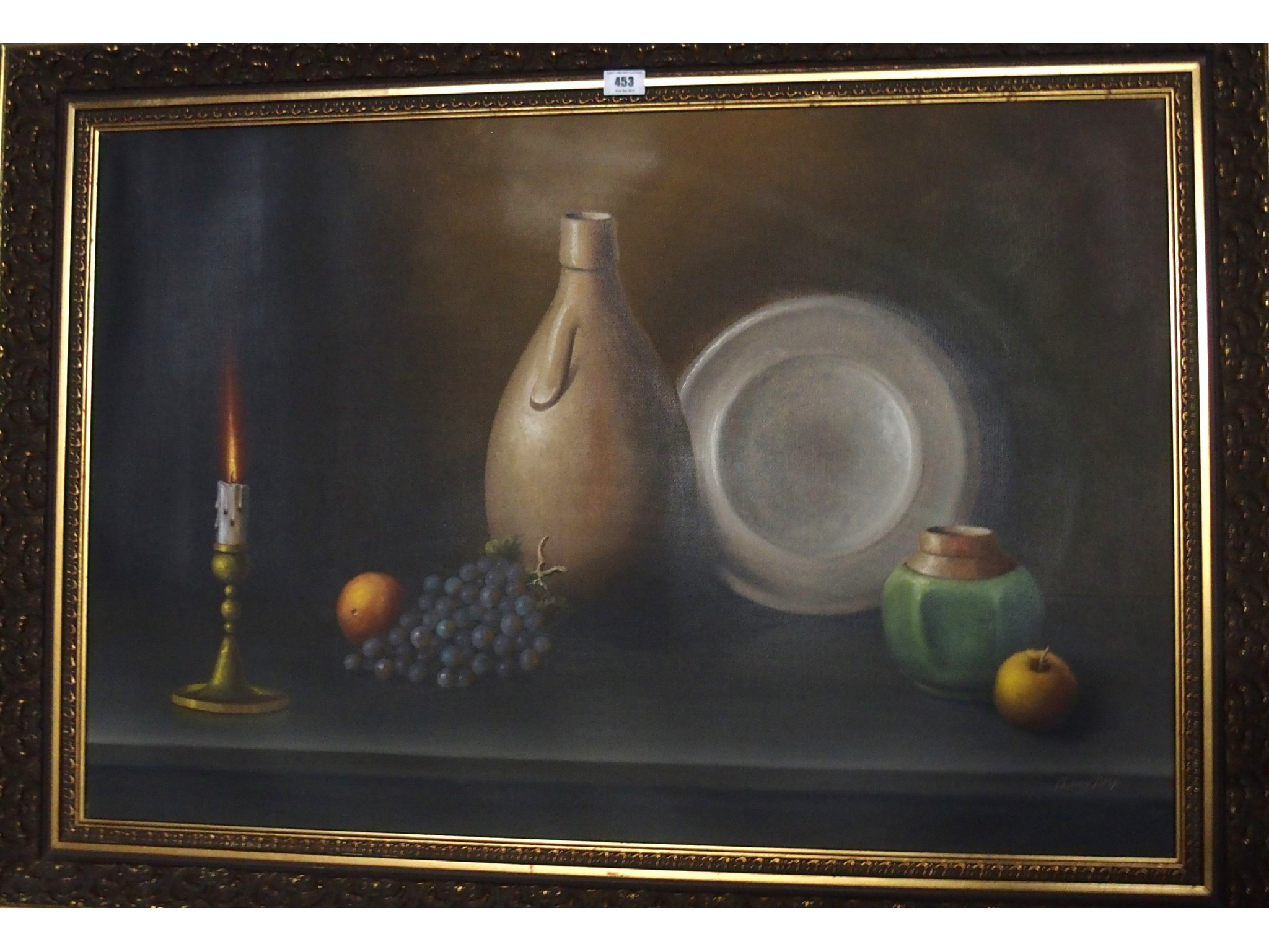 Appraisal: A VAN DOEP Still life of fruit ceramics and candle