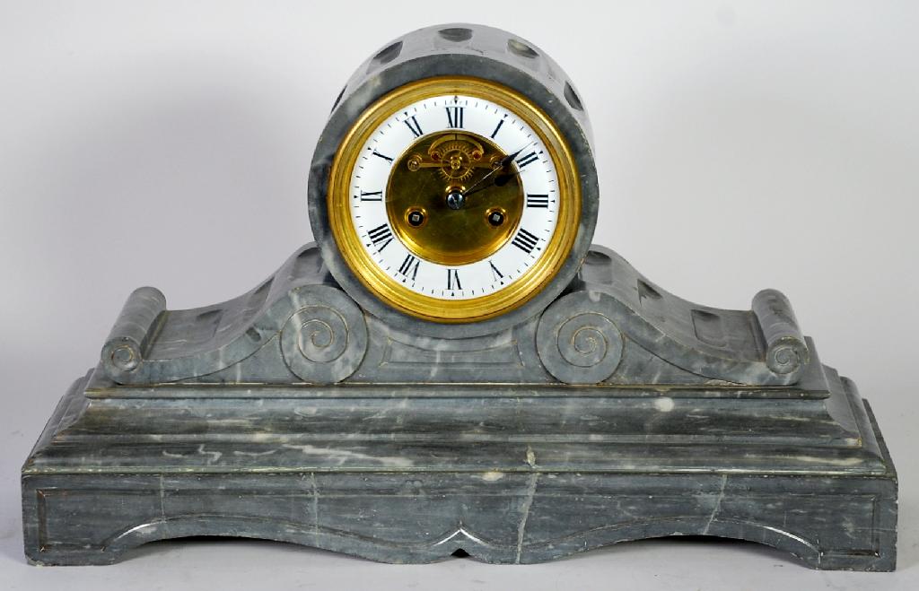 Appraisal: TWENTIETH CENTURY FRENCH VEINED GREY MANTEL CLOCK the enamelled Roman