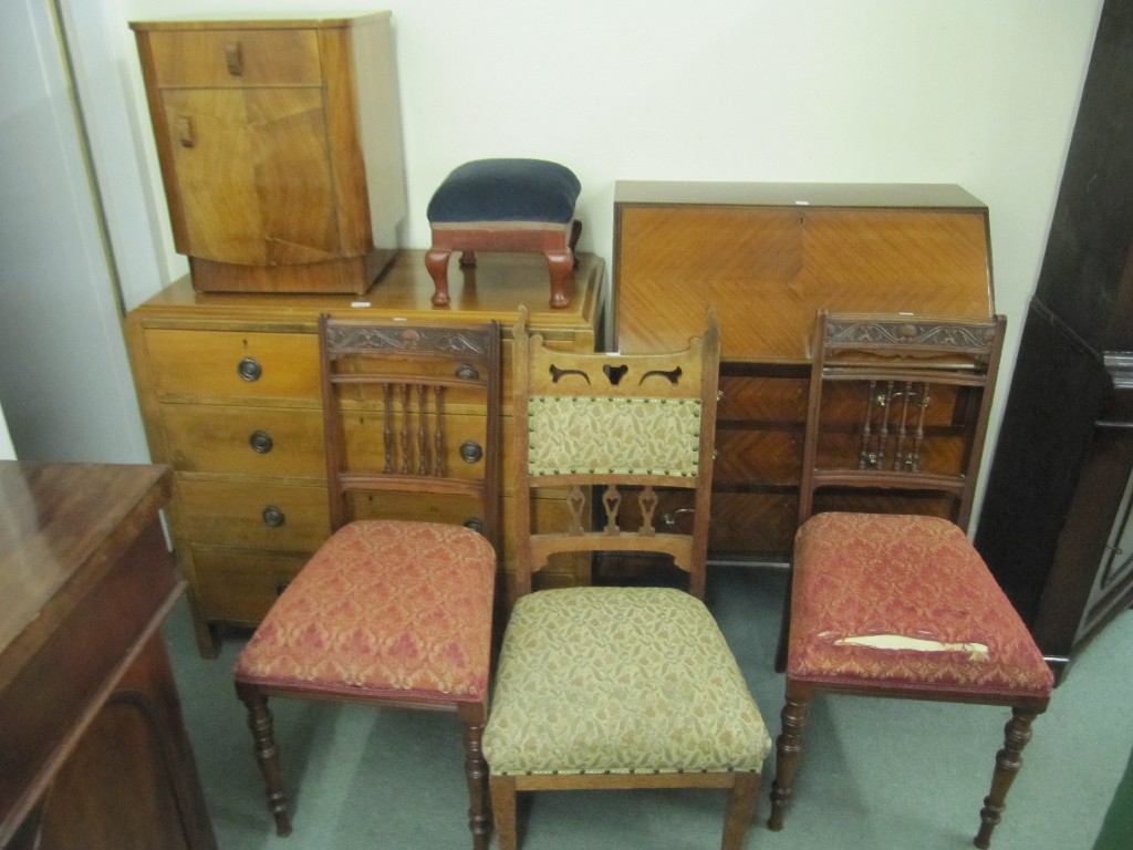 Appraisal: Bureau chest of drawers walnut bedside cabinet footstool and three