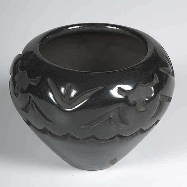 Appraisal: Yolanda Velarde Santa Clara Blackware Jar tear-drop shape with Avanyu