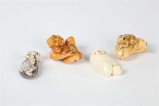 Appraisal: FOUR IVORY CARVINGS Japanese th century Three netsukes featuring frogs