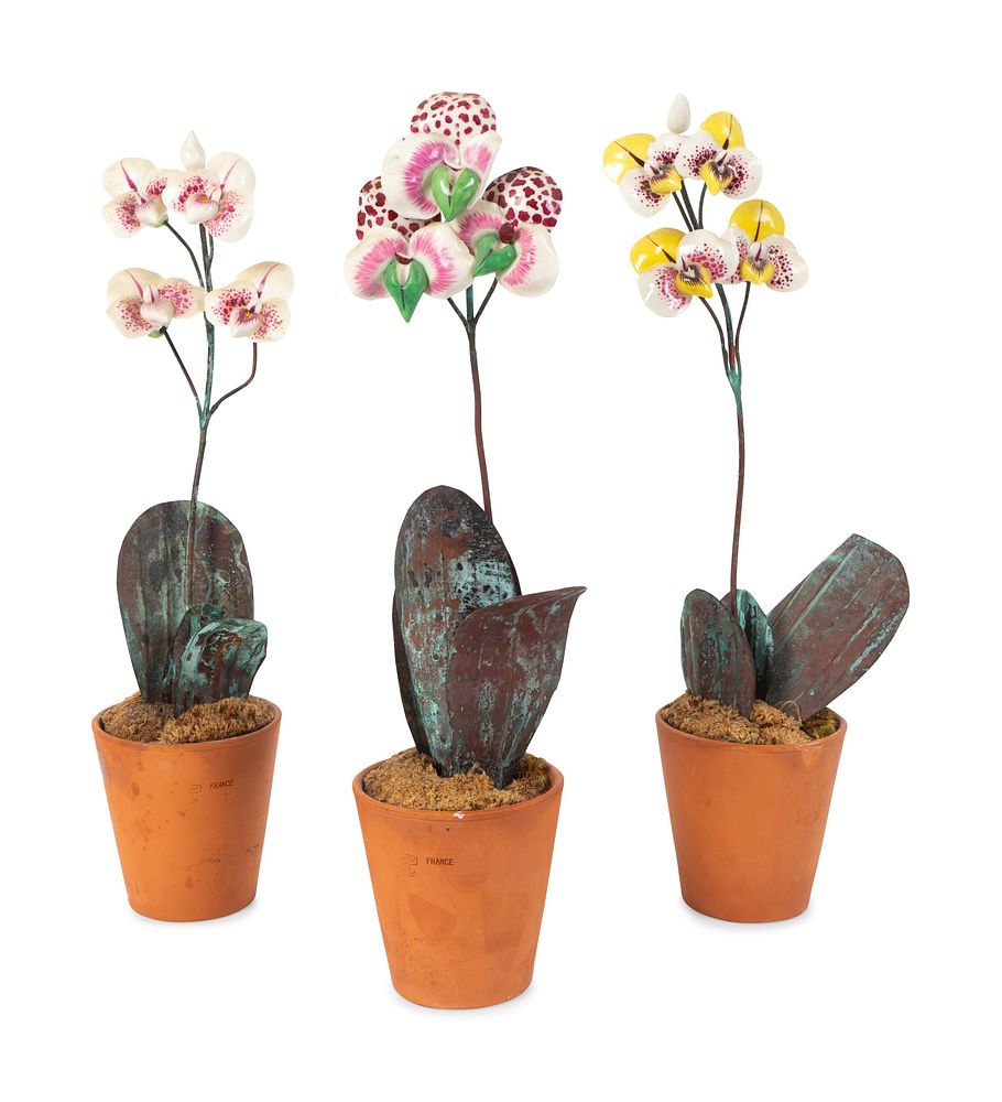 Appraisal: Three French Enameled Metal Potted Orchids Heights inches Three French