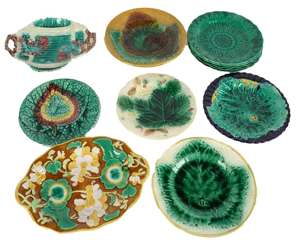 Appraisal: COLLECTION OF ENGLISH MAJOLICA POTTERYcomprising five Wedgwood green-glazed salad plates