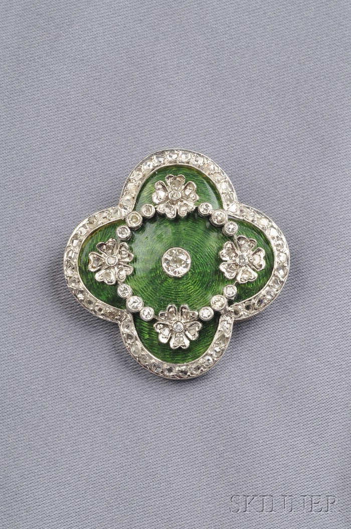 Appraisal: Enamel and Diamond Brooch set with transitional- rose- and single-cut