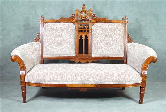 Appraisal: Gothic Revival Love Seat Late th Century Pierced turned and