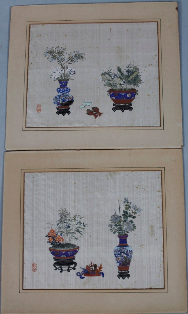 Appraisal: thC School Fish vases and flowers silk work embroidery and