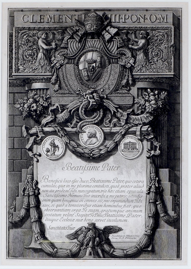 Appraisal: PIRANESI ENGRAVING Piranesi ''Beatissme Pater'' Dedication to Pope Clement Sight