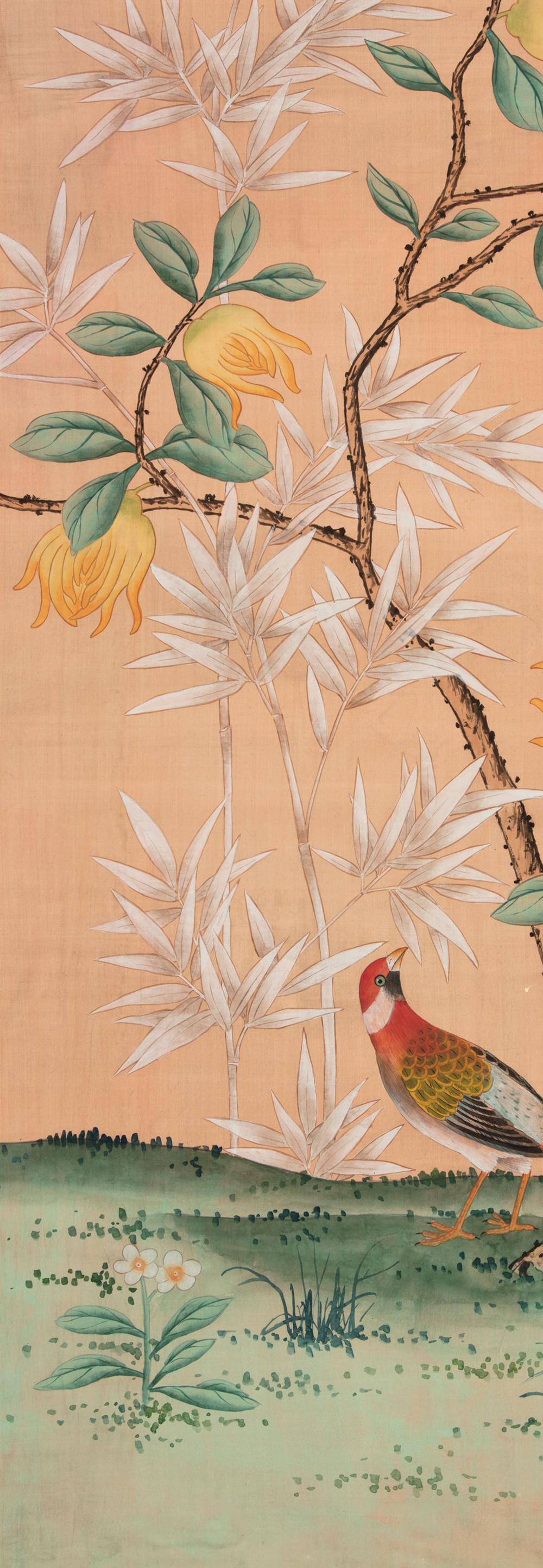 Appraisal: Three Framed Paul Montgomery Chinoiserie Wallpaper Panels bird and flower