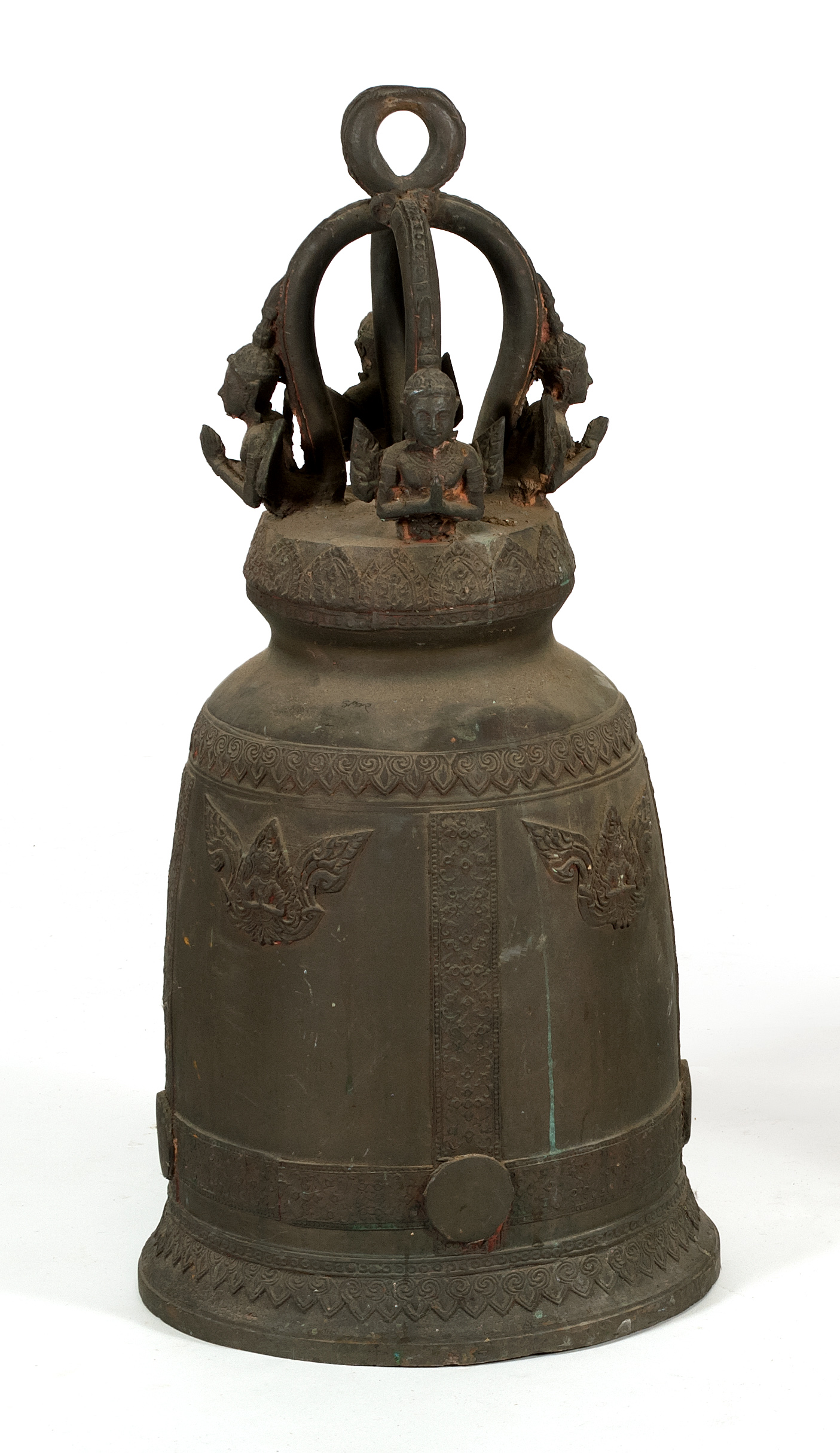 Appraisal: INDONESIAN BRONZE BELL th CenturyIn helmet form with four angelic