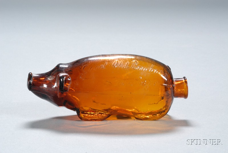 Appraisal: Amber Molded Figural Hog-form Glass Bourbon Flask late th century