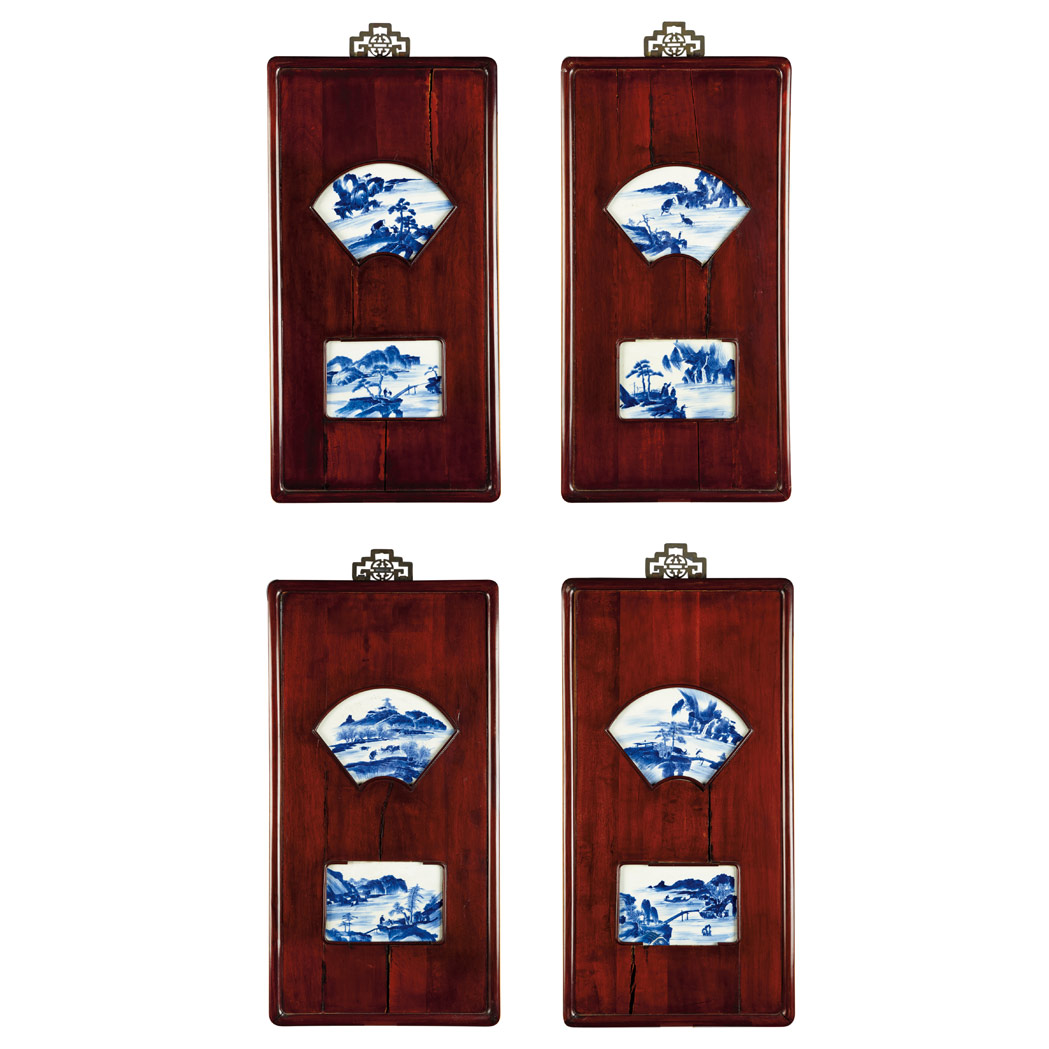 Appraisal: Four Chinese Blue and White Glazed Porcelain and Wood Wall