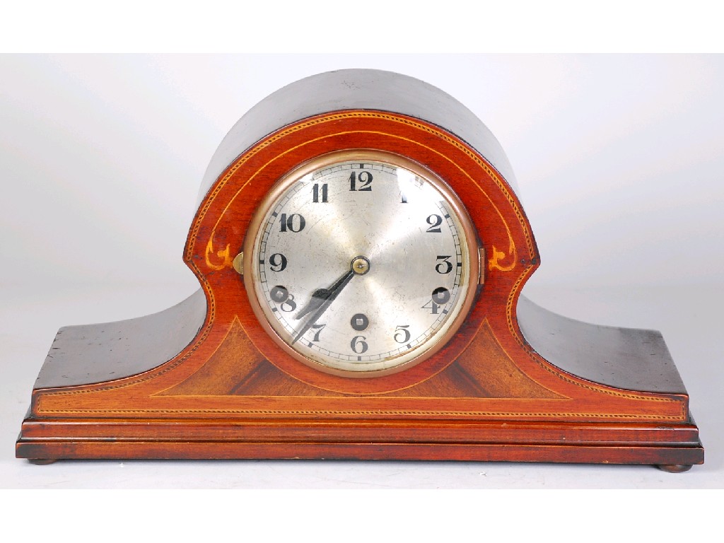 Appraisal: EDWARDIAN INLAID MAHOGANY NAPOLEON HAT SHAPED MANTEL CLOCK silvered Arabic