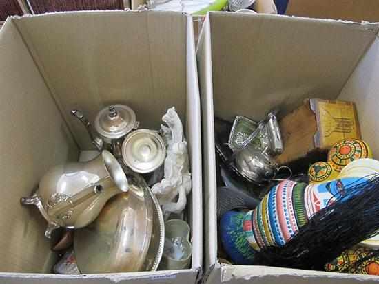 Appraisal: TWO BOXES INCLUDING SILVER PLATE WOOD CARVED FIGURES VASES LACQUER