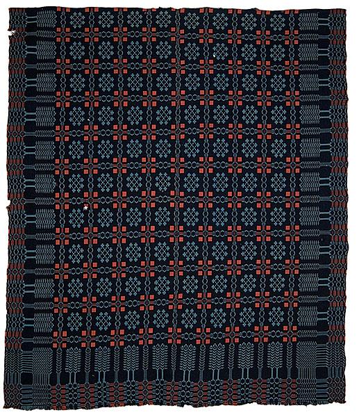 Appraisal: ANDREW JACKSON FAMILY OVERSHOT COVERLET American ca wool indigo and