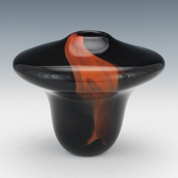 Appraisal: STUDIO ART GLASS VASE x Black glass mushroom-shaped vase with