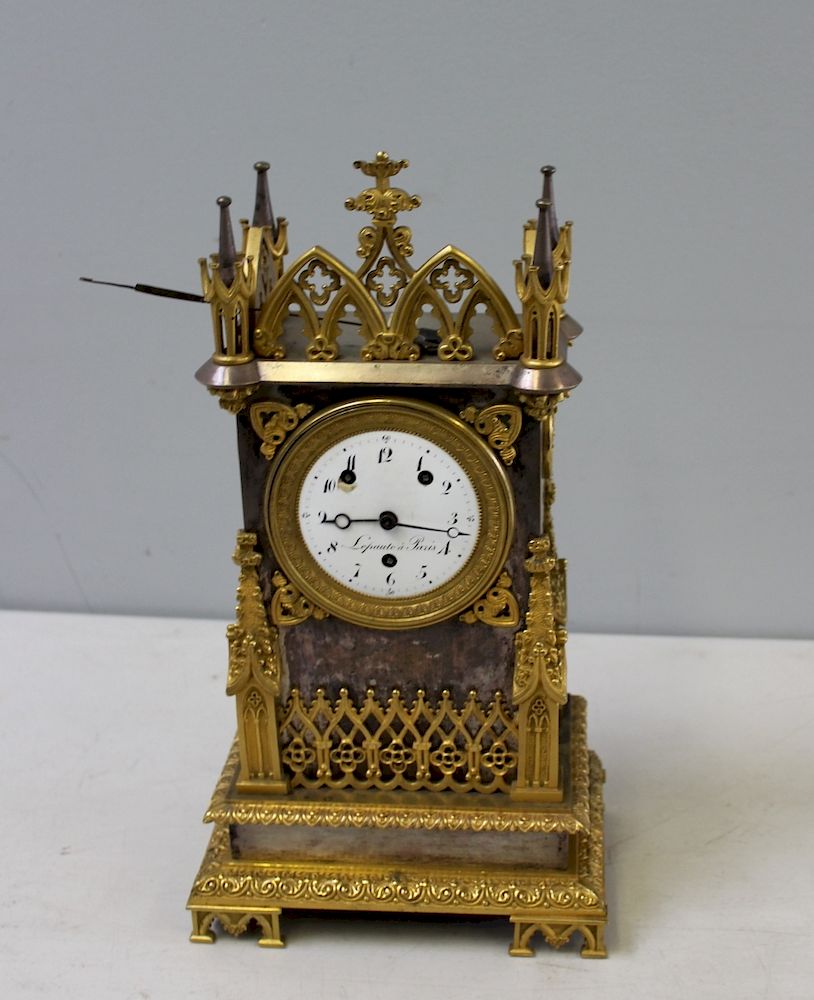 Appraisal: LEPAUTE A PARIS Signed Bronze Cathedral Style Clock A great