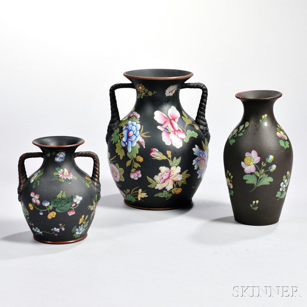 Appraisal: Three Enameled Black Basalt Vases England th century each with