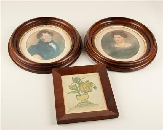 Appraisal: Three Walnut Framed Prints two portraits in deep oval frames