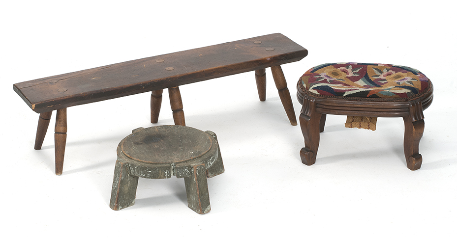 Appraisal: THREE STOOLS a Victorian walnut oval footstool with embroidered geometric