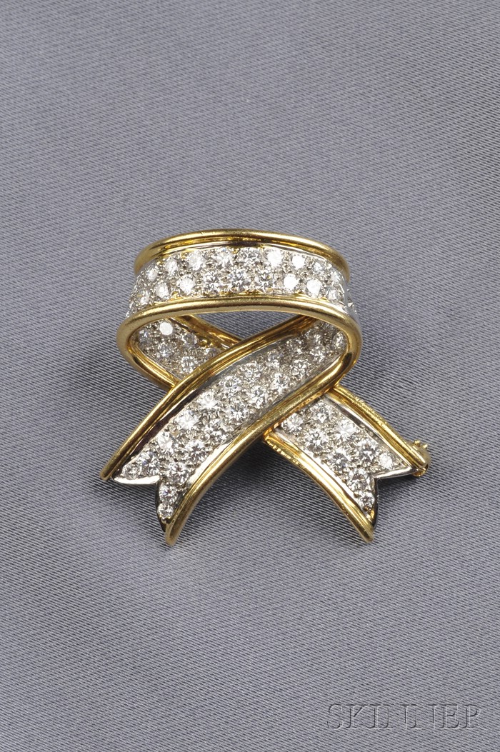 Appraisal: kt Gold Platinum and Diamond Bow Brooch Tiffany Co set